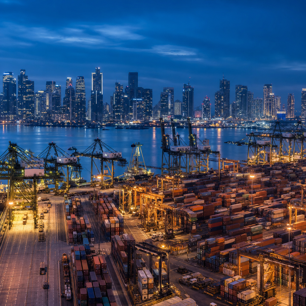 Singapore container port and city skyline at dusk